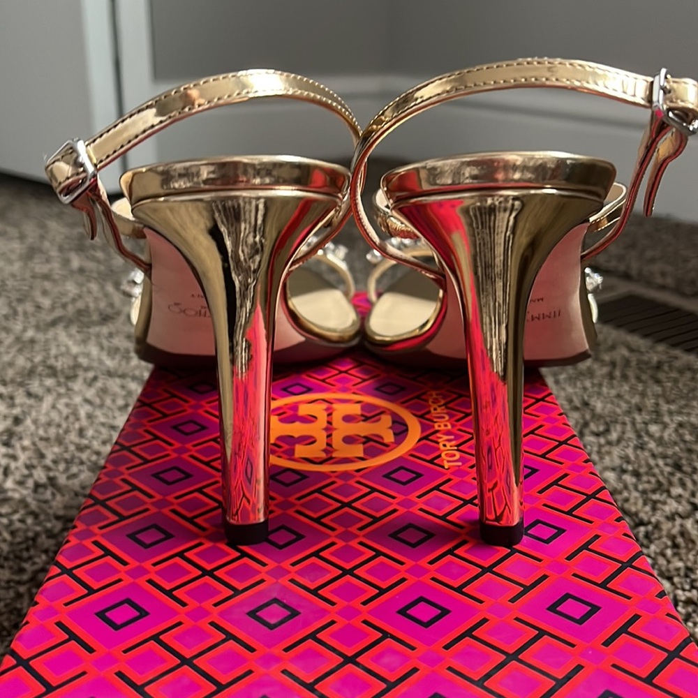 Jimmy Choo Meira 85 Gold Leather Sandals with Crystal Embellishment, like new - Picture 4 of 14